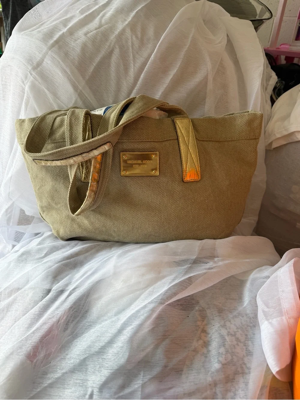 Michael Kors Olive Canvas Tote with Gold-Tone Hardware